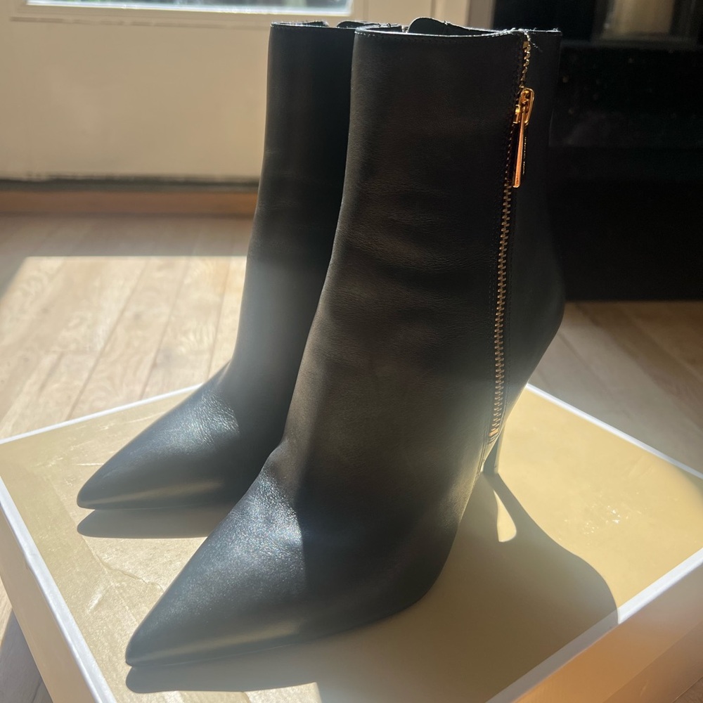 MICHAEL Michael Kors Black Heeled Boots with Gold Zipper